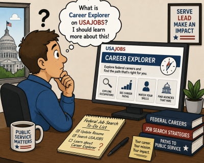 Cartoon of a federal job seeker learning about the USAJOBS Career Explorer tool and wondering how it can help with career planning.