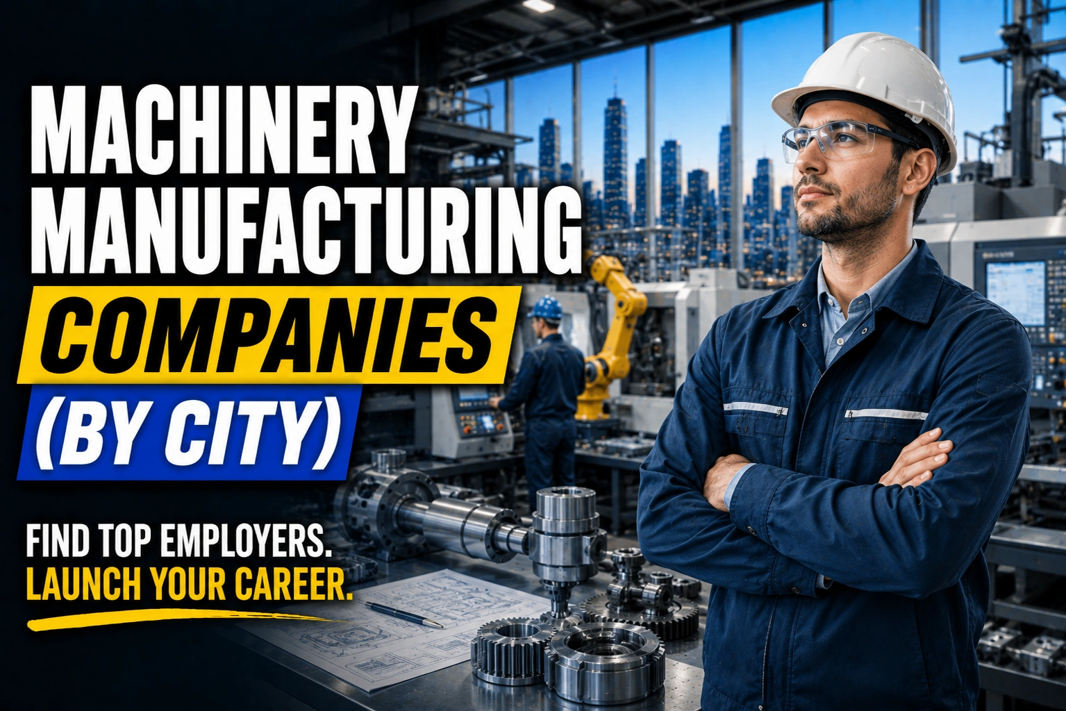 Machinery manufacturing professional in an advanced industrial facility with automated equipment, precision-machined components, and city skyline imagery, highlighting top machinery manufacturing companies by city for job seekers.