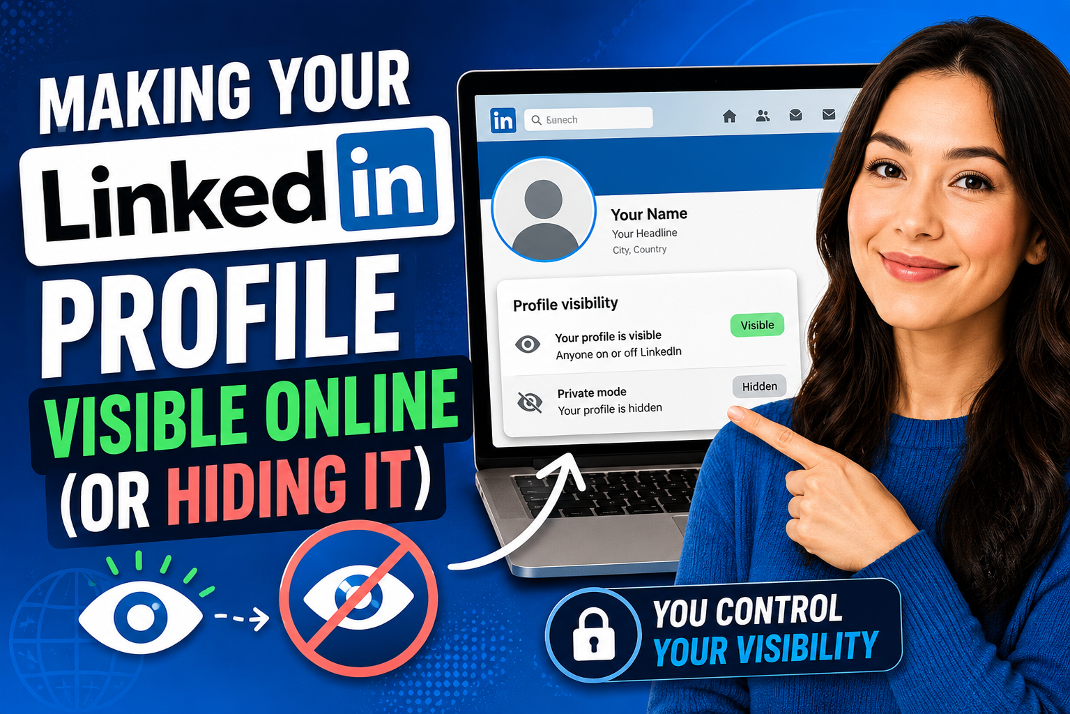 Thumbnail for “Making Your LinkedIn Profile Visible Online (or Hiding It)” featuring LinkedIn profile visibility graphics, a person pointing to a laptop screen, and icons representing public and private profile settings.