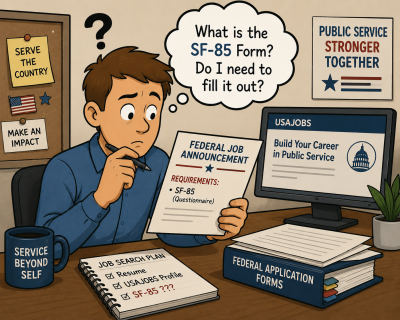 Cartoon of a federal job seeker reviewing an SF-85 form requirement and wondering if it is needed for a federal position.