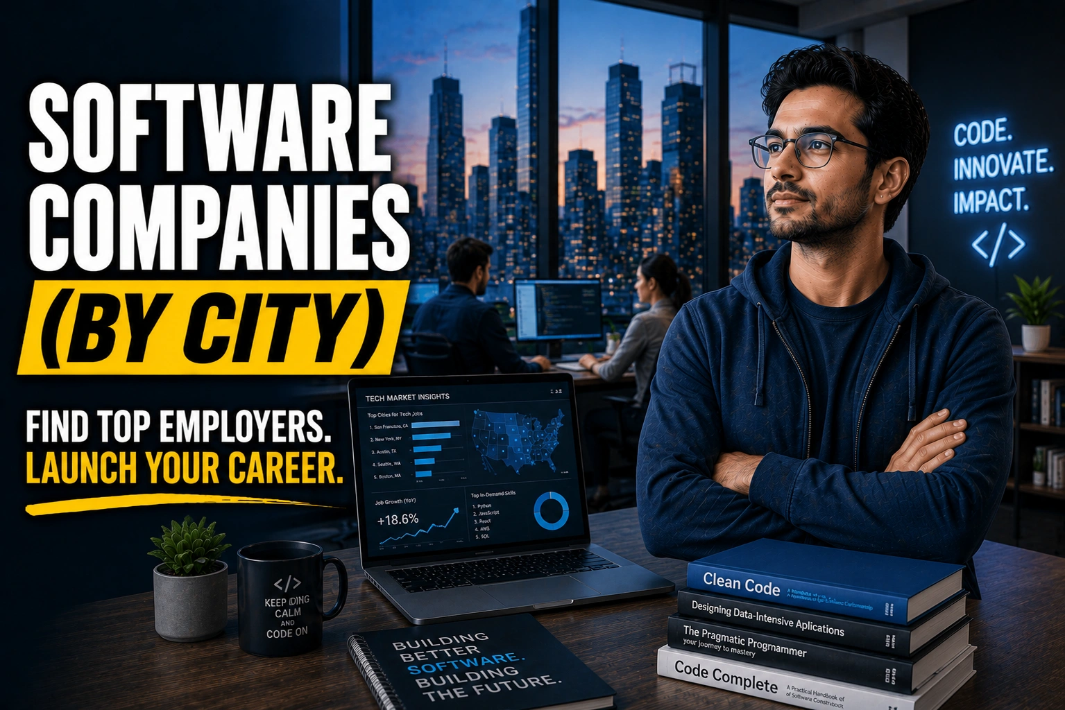 Software Companies (by City) Software professional in a modern technology workspace with coding screens, software development imagery, and city skyline backdrop, highlighting top software companies by city for job seekers.
