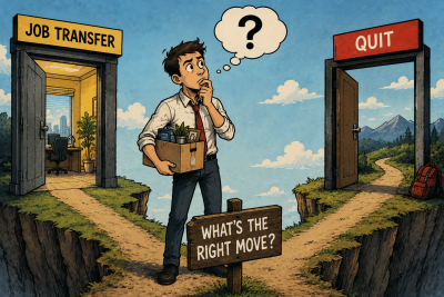 Cartoon-style illustration of a job seeker humorously contemplating whether to request an internal job transfer or leave their current role, capturing uncertainty and career curiosity.