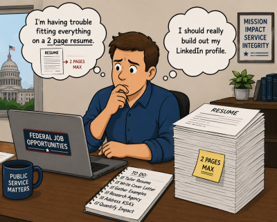 Cartoon of a federal job seeker struggling to fit experience onto a two-page resume while considering improving a LinkedIn profile.