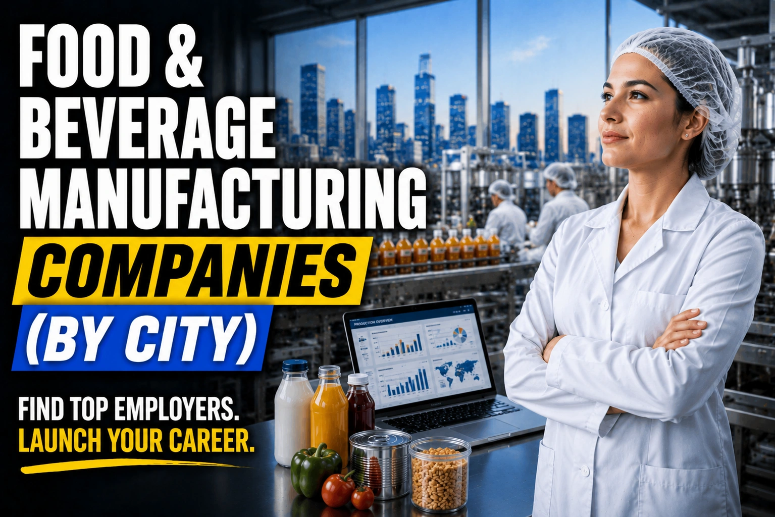 Food & Beverage Manufacturing Companies (by City) Food and beverage manufacturing professional in a modern production facility with packaged food products, bottling equipment, and city skyline imagery, highlighting top food and beverage manufacturing companies by city for job seekers.