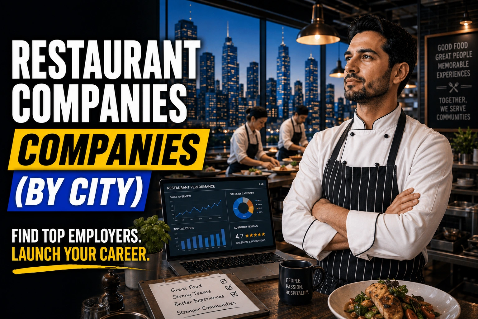 Professional chef in a modern restaurant kitchen with culinary staff, dining industry imagery, and city skyline backdrop, highlighting top restaurant companies by city for job seekers.
