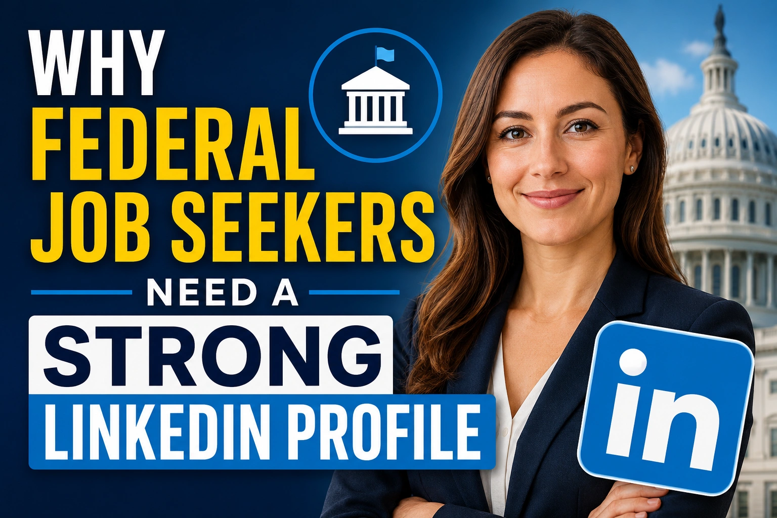 Professional image of a federal job seeker working on a LinkedIn profile while researching career opportunities online.