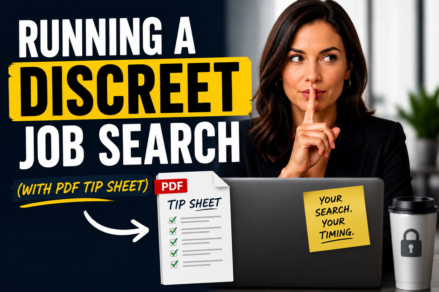 Image for an article about discreet job searching, featuring bold “Running a Discreet Job Search” text, a professional woman making a quiet gesture at her laptop, and a PDF tip sheet graphic.