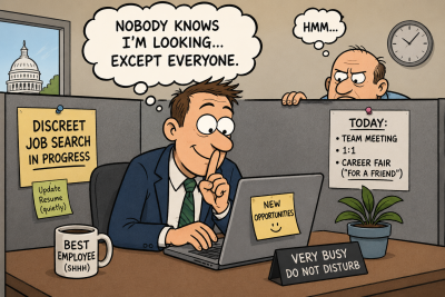 Cartoon showing an office worker secretly applying for a new job on his laptop while his boss praises his “focus,” highlighting the irony of a discreet job search.
