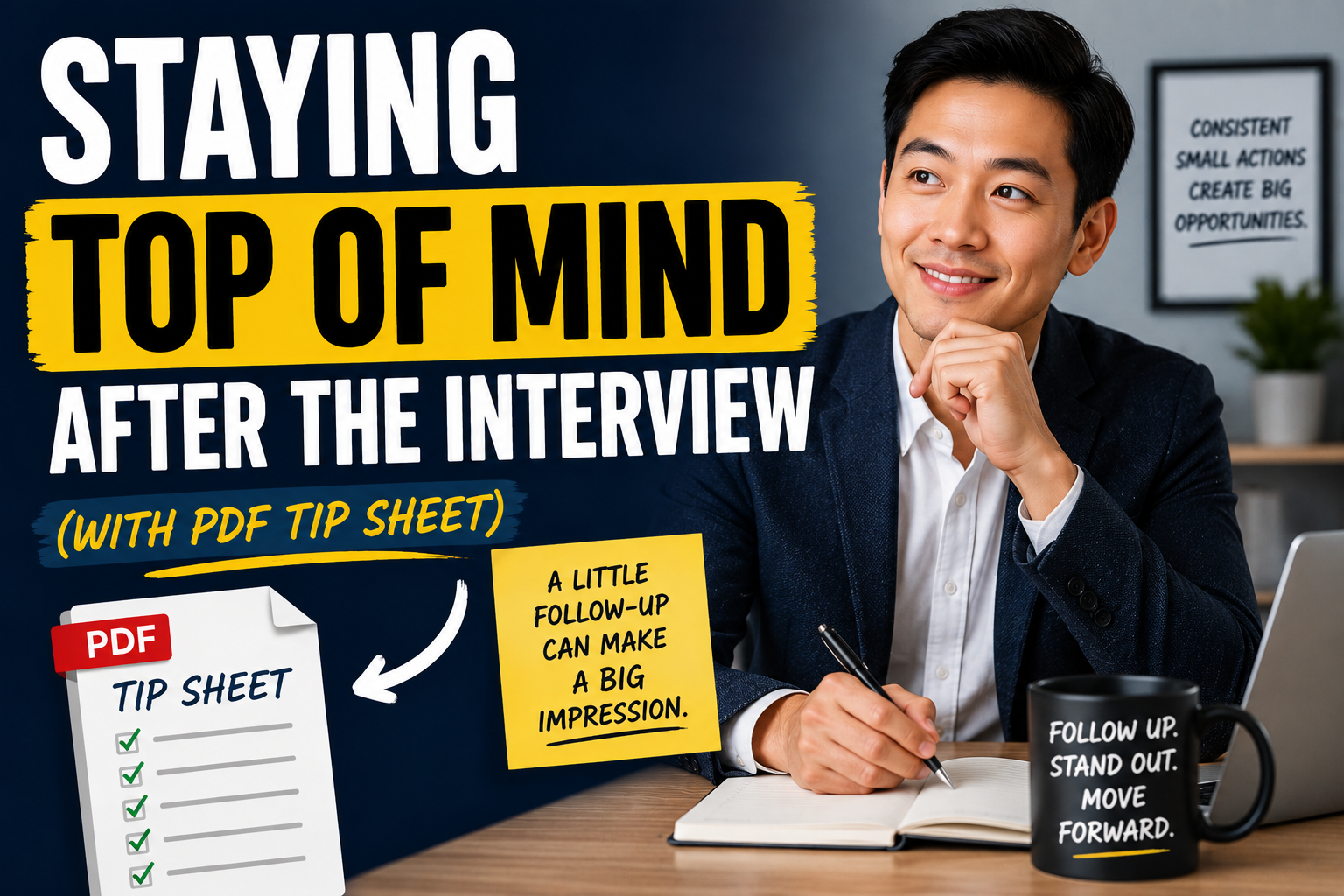 Image for an article about post-interview follow-up, featuring bold “Staying Top of Mind After the Interview” text, an Asian professional seated at a desk, and a PDF tip sheet graphic emphasizing follow-up strategy.