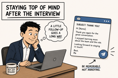 Cartoon-style illustration of a job candidate sending a thoughtful post-interview follow-up email, emphasizing the idea of staying memorable through professional persistence rather than being overly pushy.