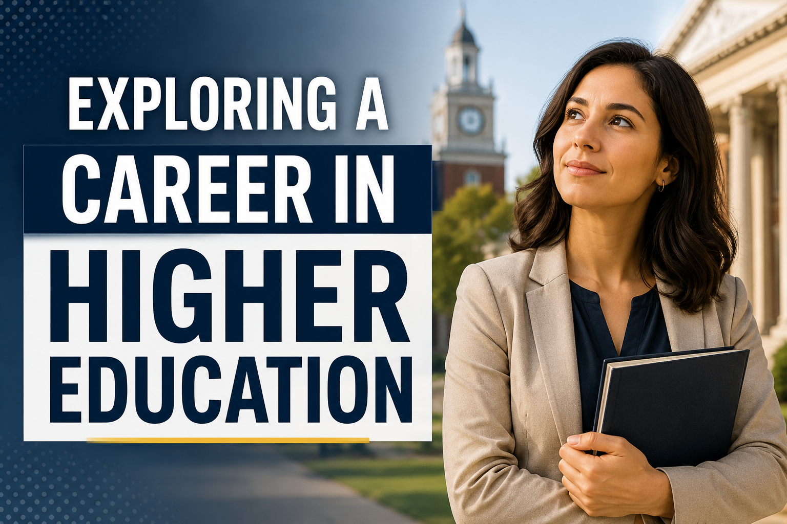 Image featuring a professional woman holding a portfolio on a university campus beside the text “Exploring a Career in Higher Education.”