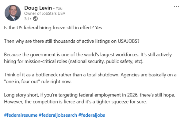 Federal Hiring Freeze LinkedIn Post