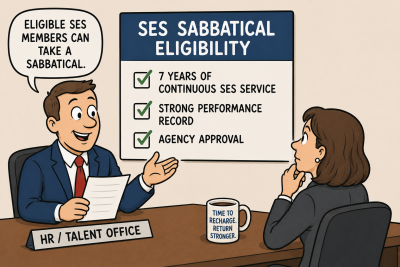 Cartoon explaining SES sabbatical eligibility requirements for federal executives.