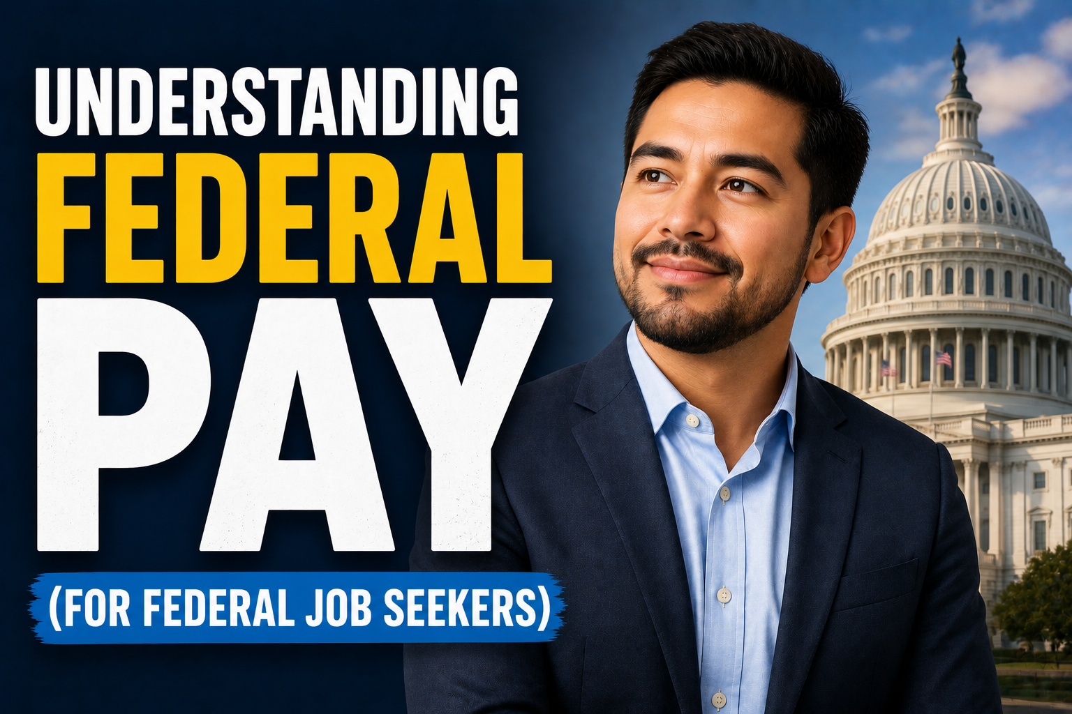 Image for a federal job seeker article on understanding federal pay, featuring bold title text, a professional Hispanic man, and a U.S. Capitol backdrop.