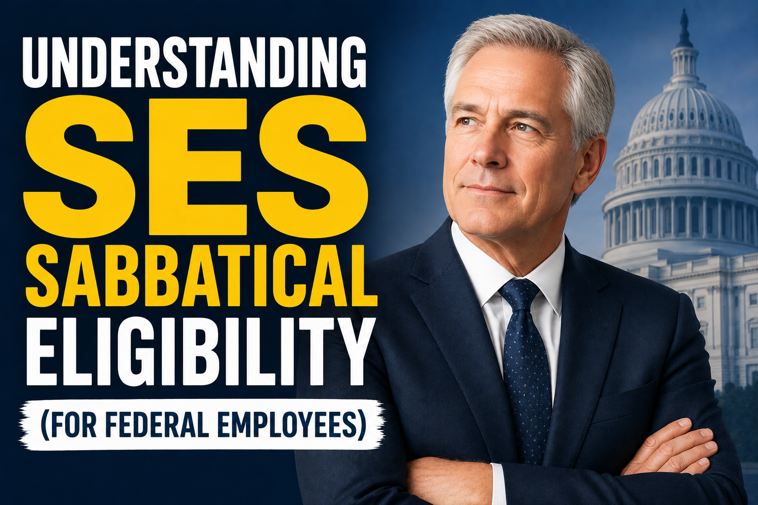 Image for a federal employment article about SES sabbatical eligibility, featuring bold “Understanding SES Sabbatical Eligibility (for Federal Employees)” text, a gray-haired executive, and a subtle U.S. Capitol background representing senior federal leadership.