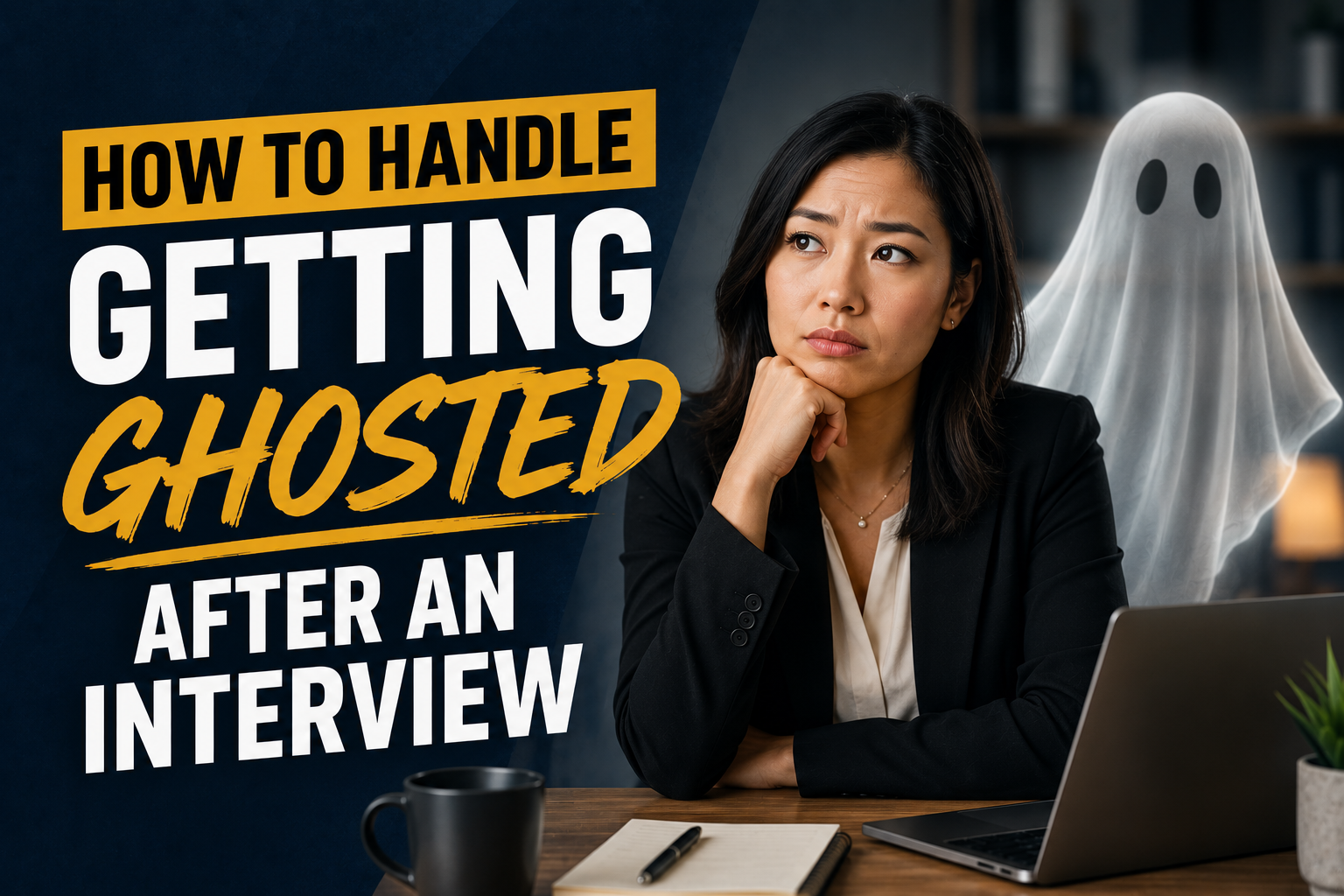 Image featuring a frustrated job seeker at a desk beside a ghost figure and the text “How to Handle Getting Ghosted After an Interview.”