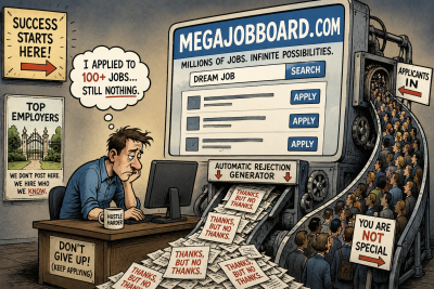 Cartoon showing a frustrated job seeker using a giant online job board machine that endlessly produces rejection letters while crowds of applicants feed into the system.