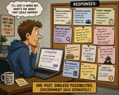 Cartoon showing a job seeker posting a resume on Craigslist while reviewing a mix of legitimate job opportunities and questionable scam-like responses.