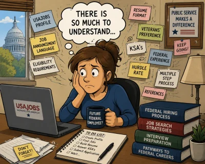 Federal job seeker in a home office feeling overwhelmed by the federal hiring process and the many steps involved in applying for government jobs. Political cartoon illustration focused on federal employment and USAJOBS.