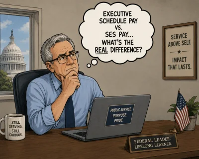 Political cartoon of a senior federal job seeker sitting in a home office, thoughtfully looking at a computer while pondering the question, “Executive Schedule Pay vs. SES Pay?” Government-themed office décor and resume materials suggest he is researching executive-level federal career opportunities.