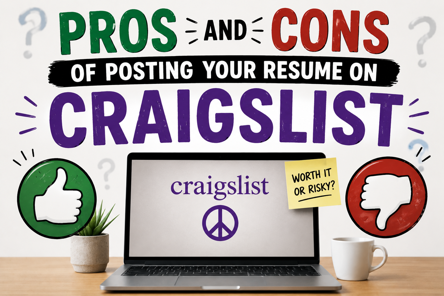 Image featuring a laptop displaying Craigslist beside large text reading “Pros and Cons of Posting Your Resume on Craigslist,” with thumbs-up and thumbs-down icons representing the debate around the topic.