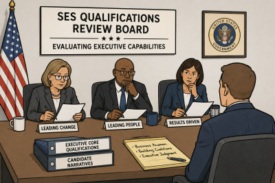 Cartoon of an SES Qualifications Review Board evaluating a federal executive candidate.