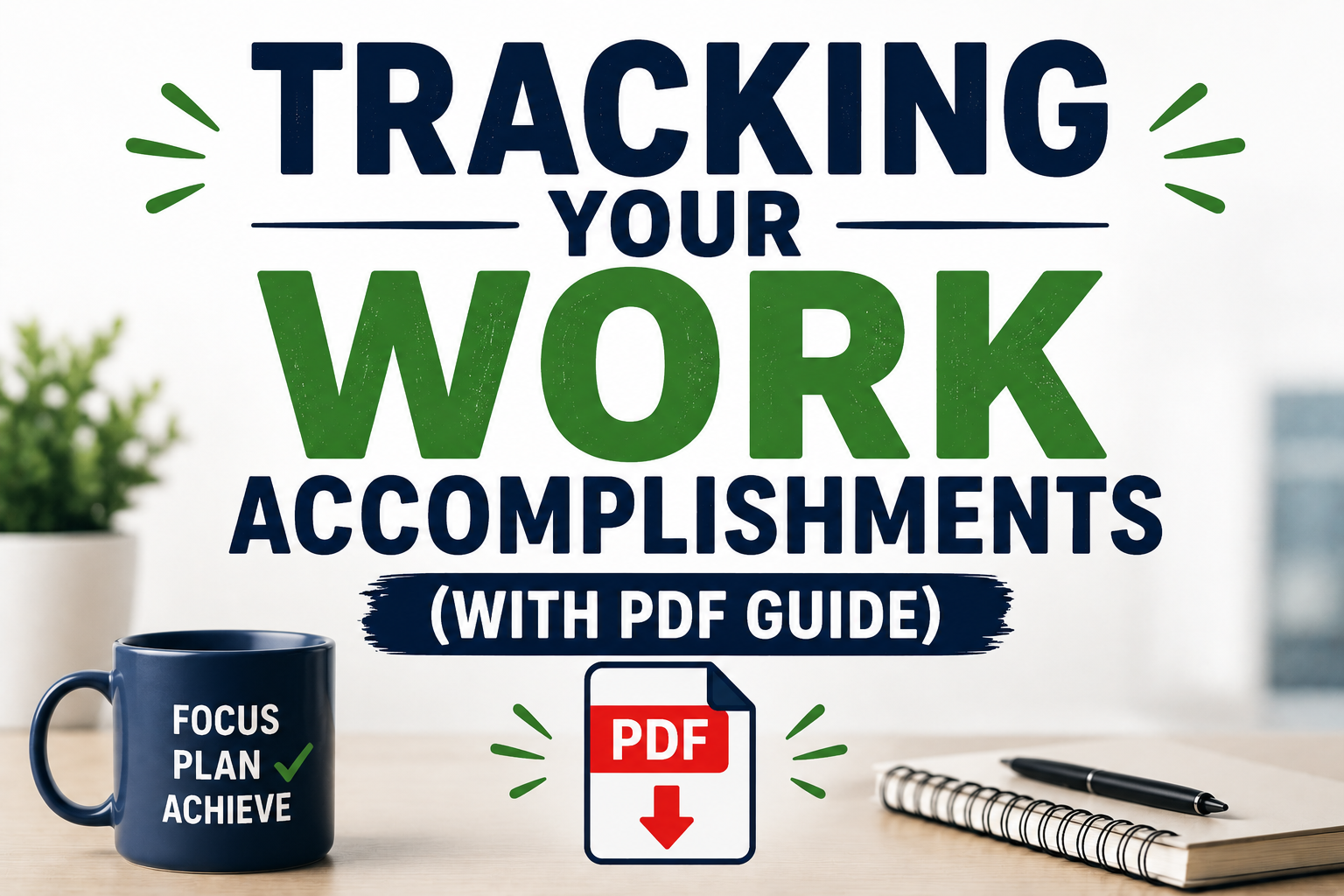 Image featuring bold text reading “Tracking Your Work Accomplishments (With PDF Guide)” with a clean professional desk setup and PDF icon.