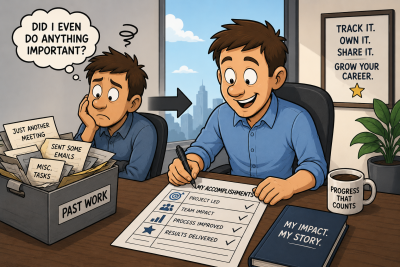 Cartoon showing an employee realizing the value of documenting past achievements by turning scattered work experience into a structured accomplishments tracker.