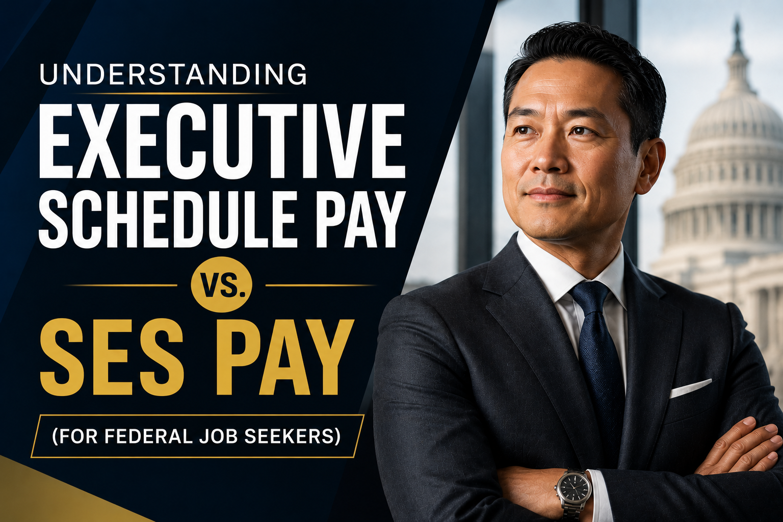 Image featuring an Asian American executive in front of a federal government backdrop beside the text “Understanding Executive Schedule Pay vs. SES Pay.”