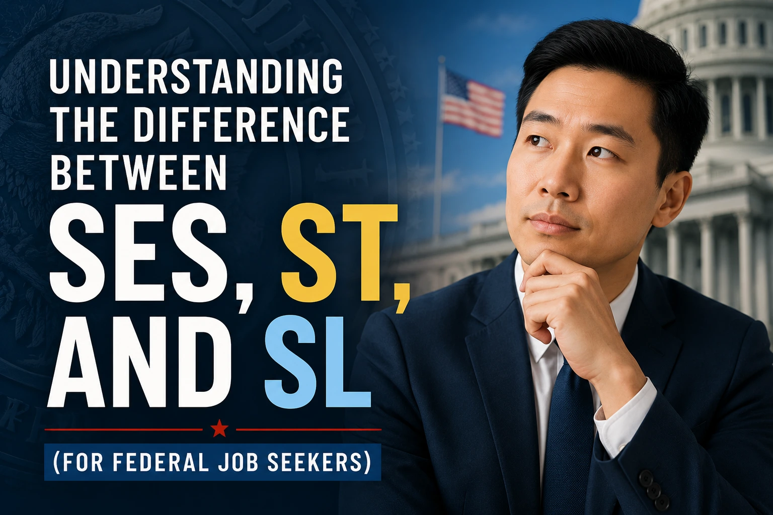 Professional thumbnail showing an Asian American man in a business suit thoughtfully looking toward the title, with the U.S. Capitol and American flag in the background. Large text reads: “Understanding the Difference Between SES, ST, and SL (for Federal Job Seekers).