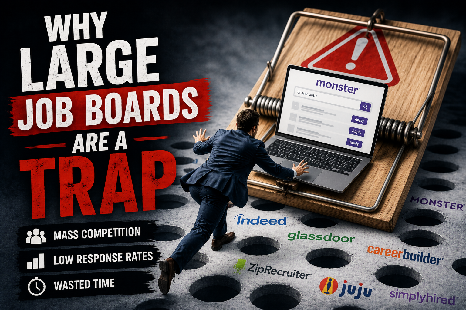 Image showing a job seeker being pulled toward a giant mousetrap with online job boards, beside the text “Why Large Job Boards Are a Trap.”
