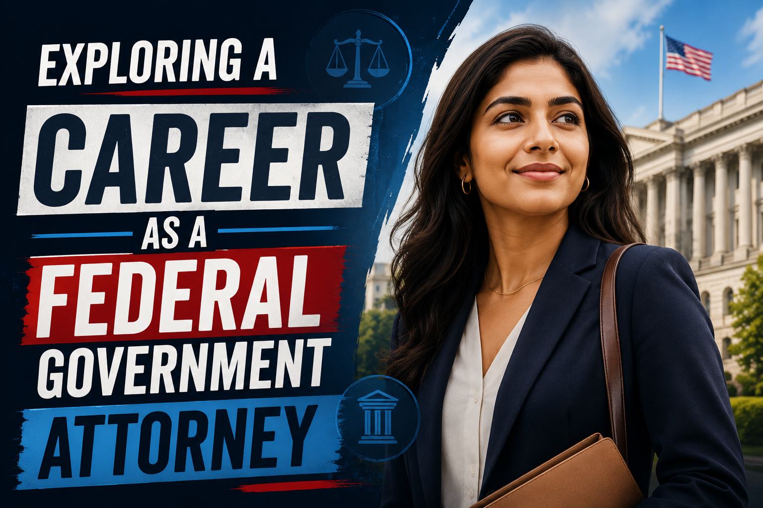 Image featuring a professional attorney in front of a federal government building beside the text “Exploring a Career as a Federal Government Attorney.”