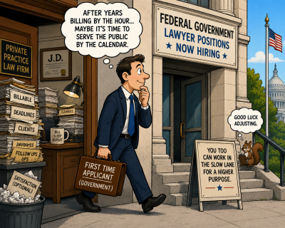 Political cartoon of an overworked private practice lawyer leaving a cluttered office full of billable-hour paperwork while walking toward a federal government lawyer hiring office for the first time.