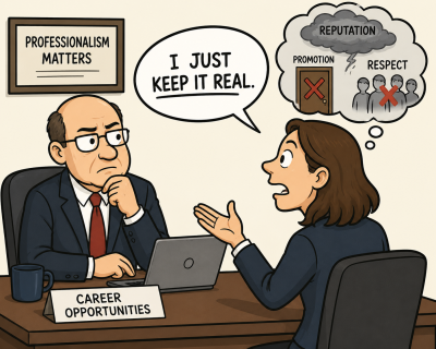 Cartoon of a workplace conversation where a professional says “I just keep it real,” illustrating how blunt honesty can sometimes undermine career opportunities.