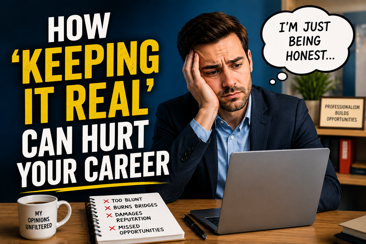 Thumbnail for a career advice article about how excessive bluntness can hurt professional opportunities, featuring bold “How ‘Keeping it Real’ Can Hurt Your Career” text and a concerned professional man at his laptop.