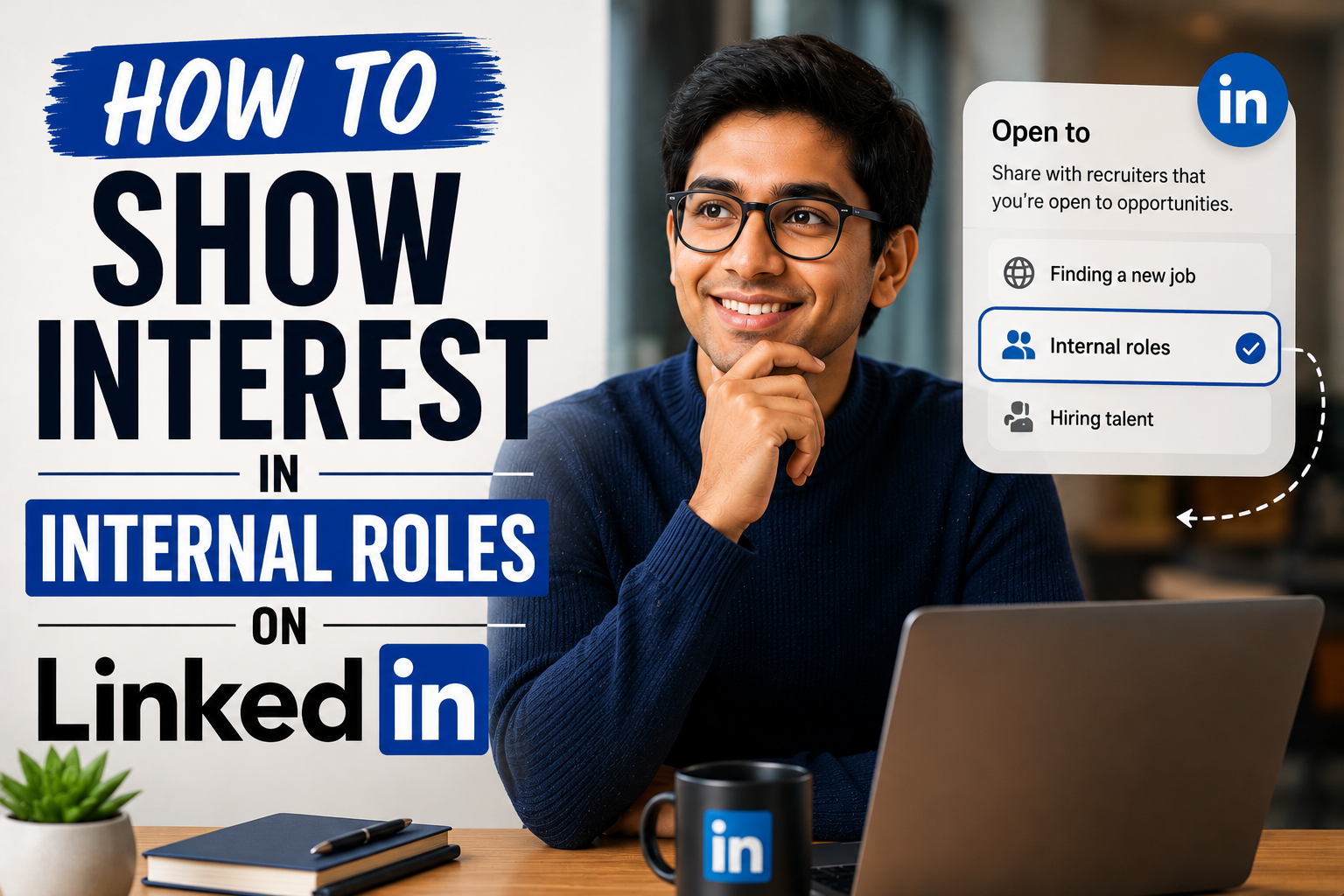 Image featuring a professional using LinkedIn with the “Open to Internal Roles” setting highlighted beside the text “How to Show Interest in Internal Roles on LinkedIn.”