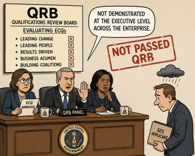 Political cartoon of a federal QRB panel rejecting an SES applicant’s ECQs with a large “NOT PASSED QRB” stamp.