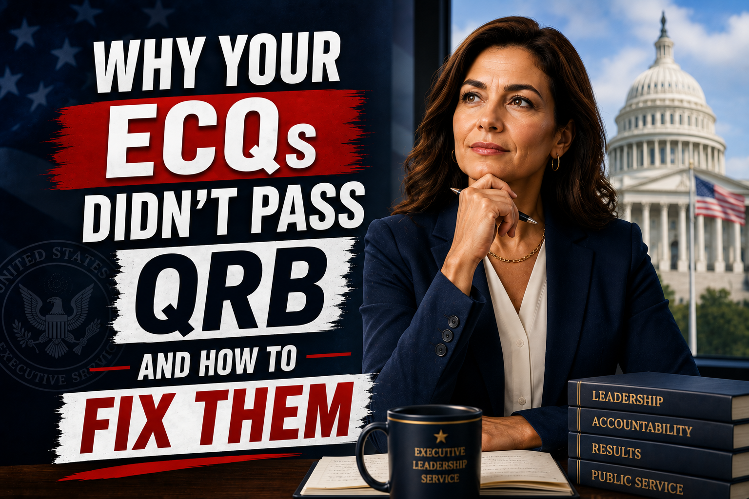 Image featuring an executive professional in front of the U.S. Capitol beside the text “Why Your ECQs Didn’t Pass QRB and How to Fix Them.”