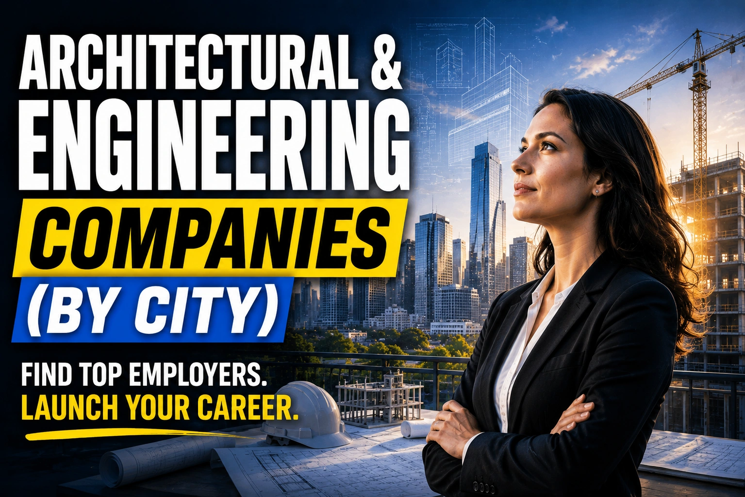 Professional overlooking a city skyline and construction site with architectural and engineering design elements, highlighting top employers by city.