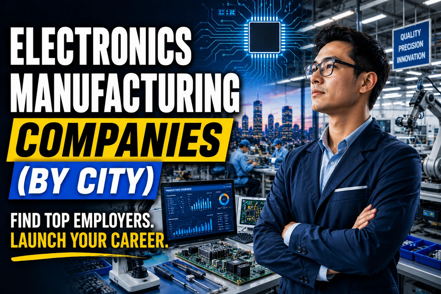 Electronics manufacturing professional in a high-tech production facility with circuit boards, automation equipment, and city skyline imagery, highlighting top electronics manufacturing companies by city for job seekers.