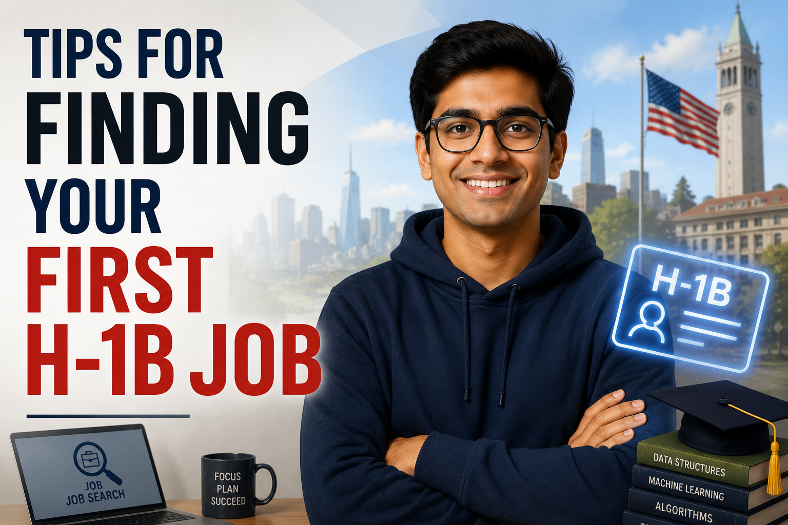 Professional thumbnail-style image featuring a STEM graduate in front of a university and city backdrop beside the text “Tips for Finding Your First H-1B Job.”