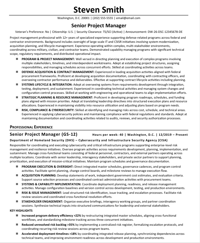 Two Page Federal Resume Sample - Project Manager - Page 1 - Job Seekers Blog - JobStars USA 