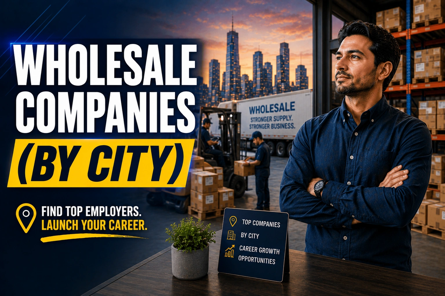 Wholesale industry professional in a distribution warehouse with inventory, logistics operations, and city skyline imagery, highlighting top wholesale companies by city for job seekers.