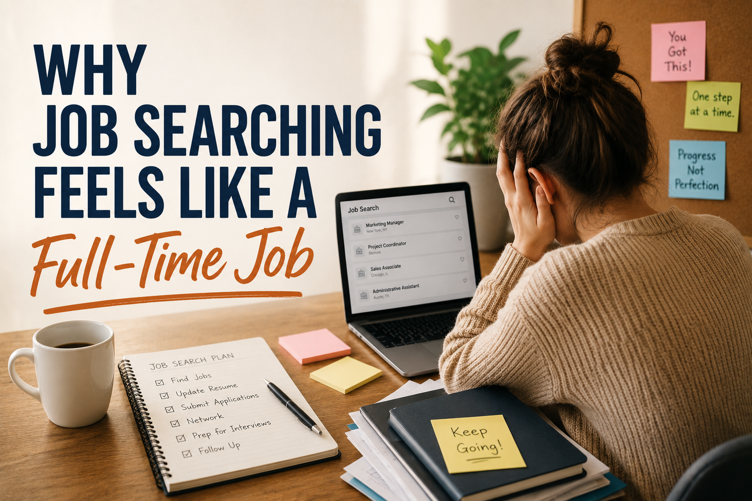 Person overwhelmed at a desk during a job search with the title “Why Job Searching Feels Like a Full-Time Job” displayed beside them.
