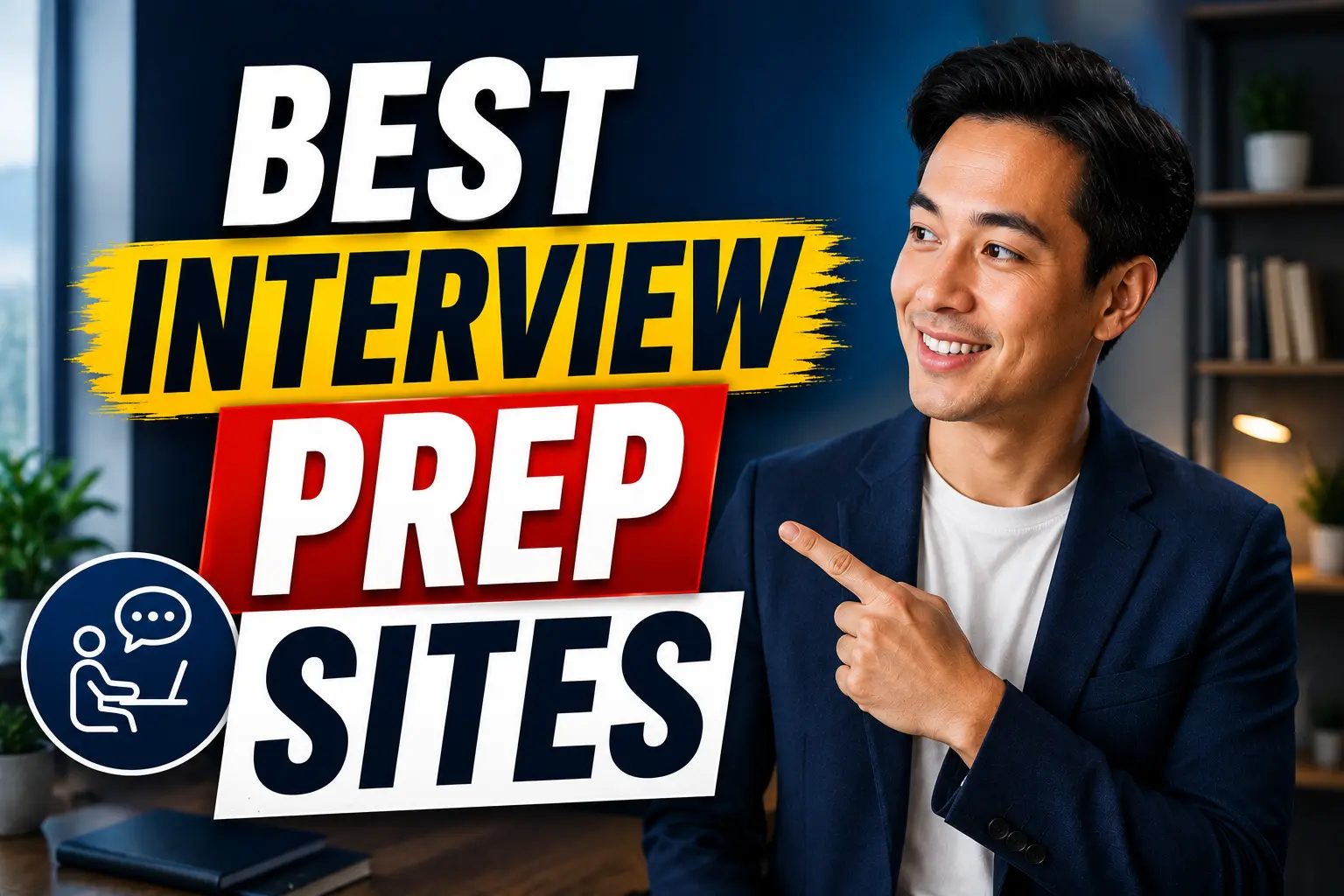 Thumbnail for “Best Interview Prep Sites” featuring a professional man pointing toward bold headline text, set against a modern office background with a clean interview-themed design.
