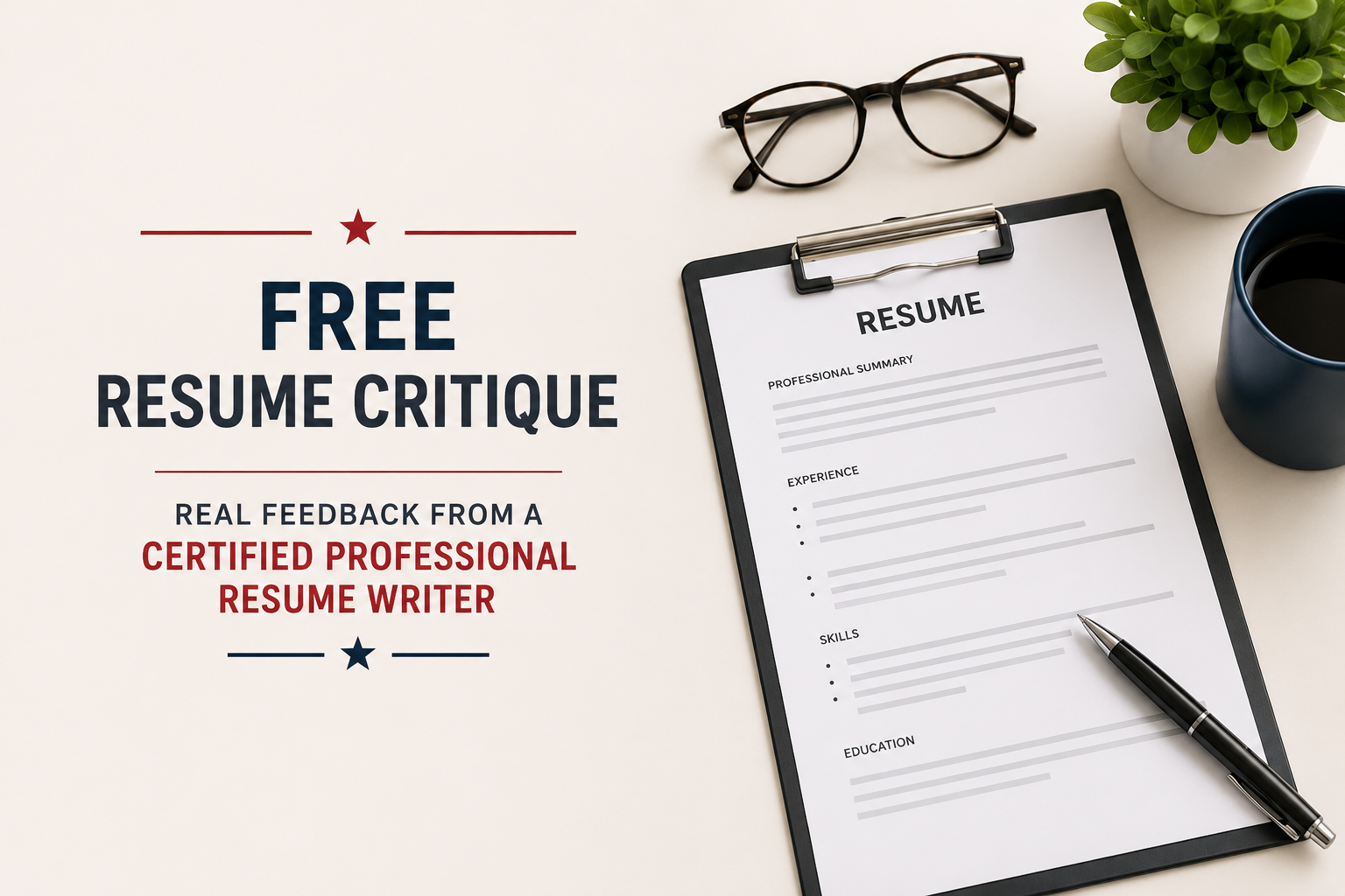Free Resume Critique Professional promotional image for a free resume critique service featuring a sample resume on a clipboard and the text “Real Feedback from a Certified Professional Resume Writer."