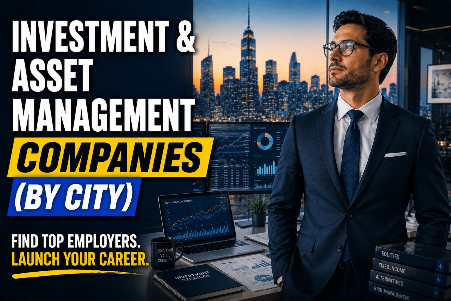 Investment and asset management professional in a financial office with market analytics, portfolio performance dashboards, and city skyline imagery, highlighting top investment and asset management companies by city for job seekers.