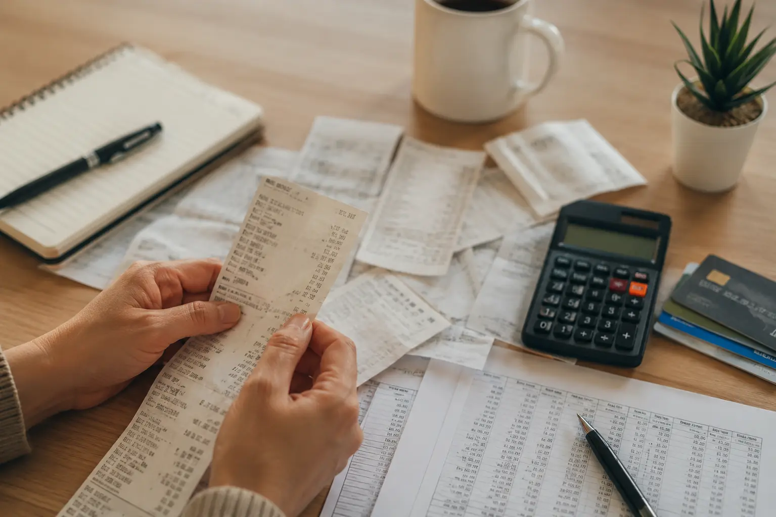 Person reviewing household expenses at a table with grocery receipts, bills, calculator, notebook, and credit cards, illustrating financial stress during unemployment or budgeting challenges.