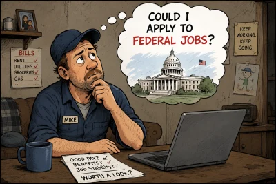 An illustration of a man named Mike sitting at a desk with a laptop, looking thoughtful as a thought bubble above him reads, "COULD I APPLY TO FEDERAL JOBS?" next to a drawing of the U.S. Capitol building. On the desk is a checklist with "Good Pay?", "Benefits?", and "Job Stability?", while the background shows a list of bills and motivational signs.