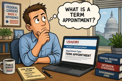 Federal job seeker in a home office reviewing a USAJOBS announcement and wondering what a term appointment is in federal employment. Political cartoon illustration with federal career and government job search themes.